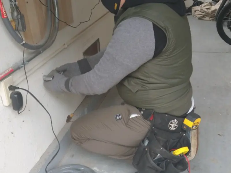 Electrician performing outlet wiring in a Hesperia garage